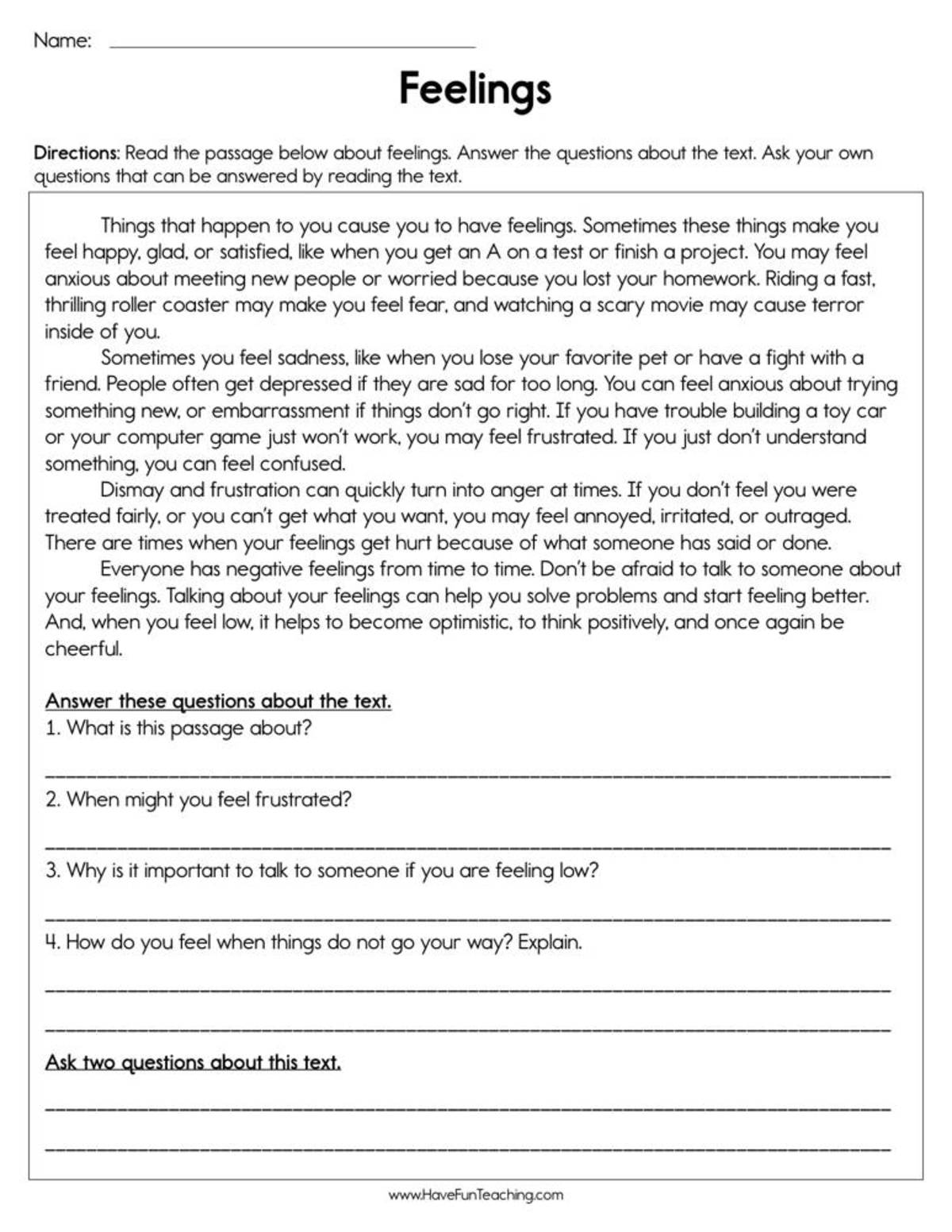 An educational teaching resource from Have Fun Teaching entitled Feelings Worksheet downloadable at Teach Simple.