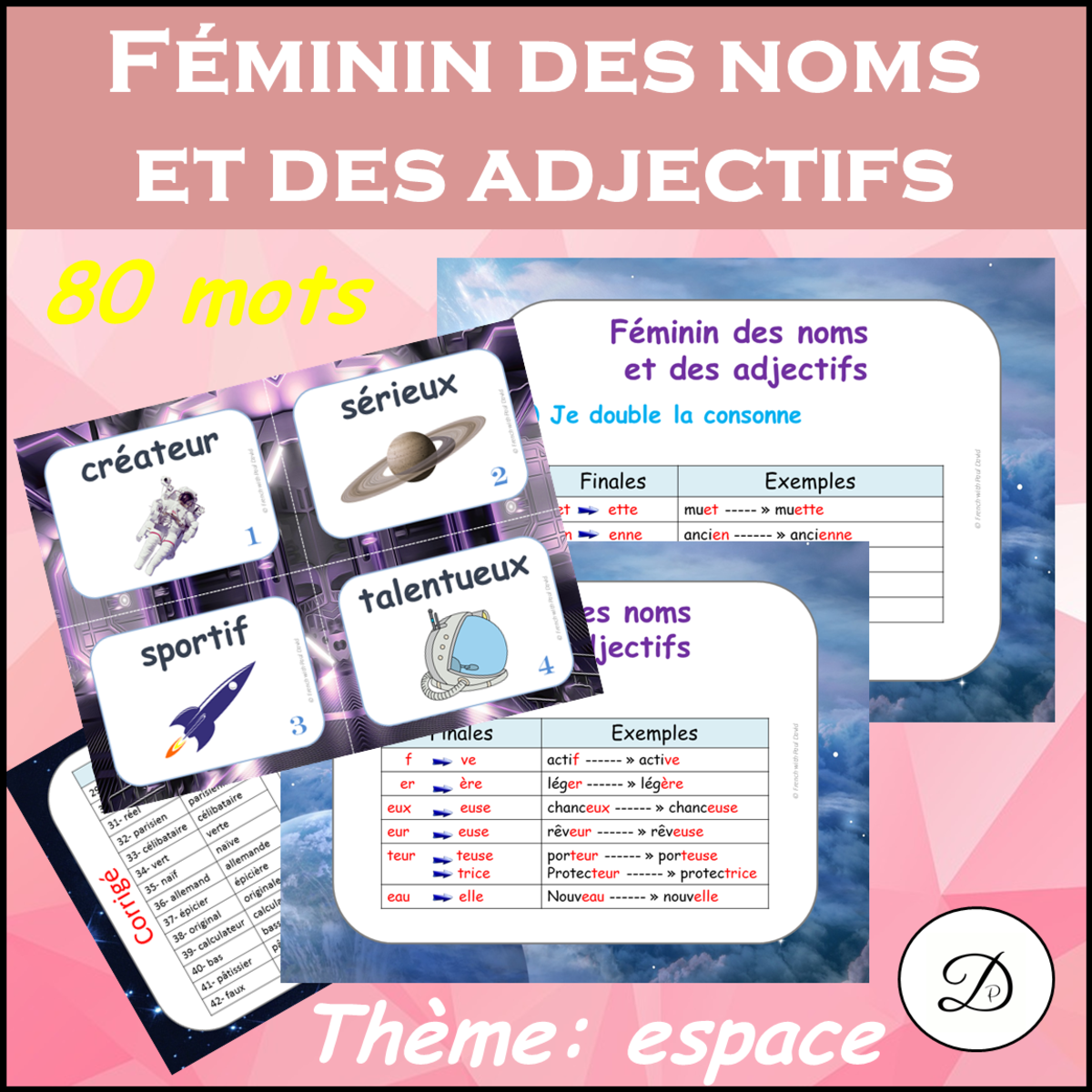 An educational teaching resource from French with Paul David entitled Féminin des noms et des adjectifs - 80 mots downloadable at Teach Simple.