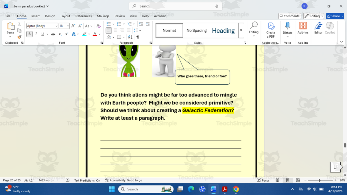An educational teaching resource from THE LANTERN OF KNOWLEDGE entitled FERMI PARADOX: A MIDDLE SCHOOL SCHOLAR'S WORKBOOK downloadable at Teach Simple.