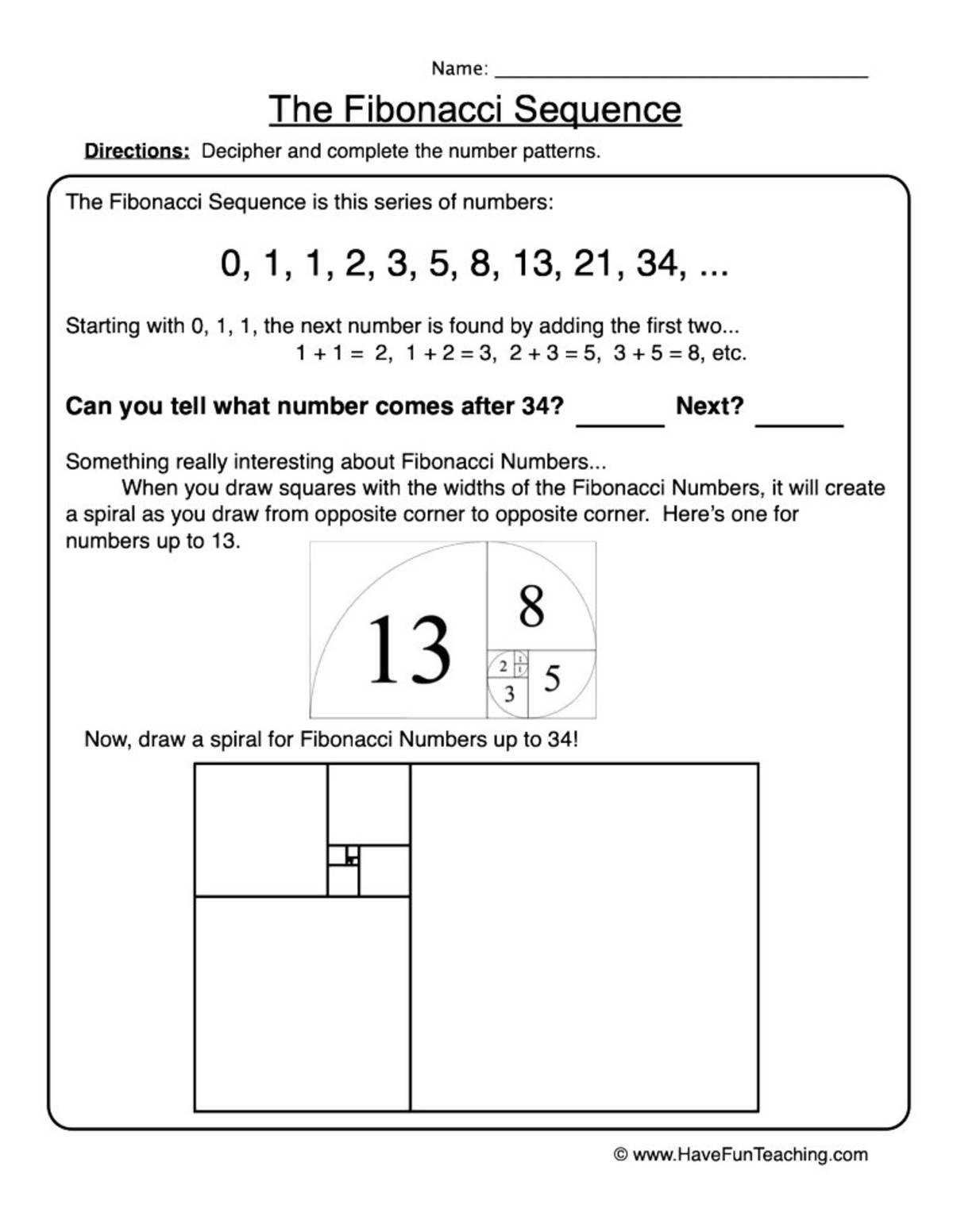 An educational teaching resource from Have Fun Teaching entitled Fibonacci Sequence Patterns Worksheet downloadable at Teach Simple.