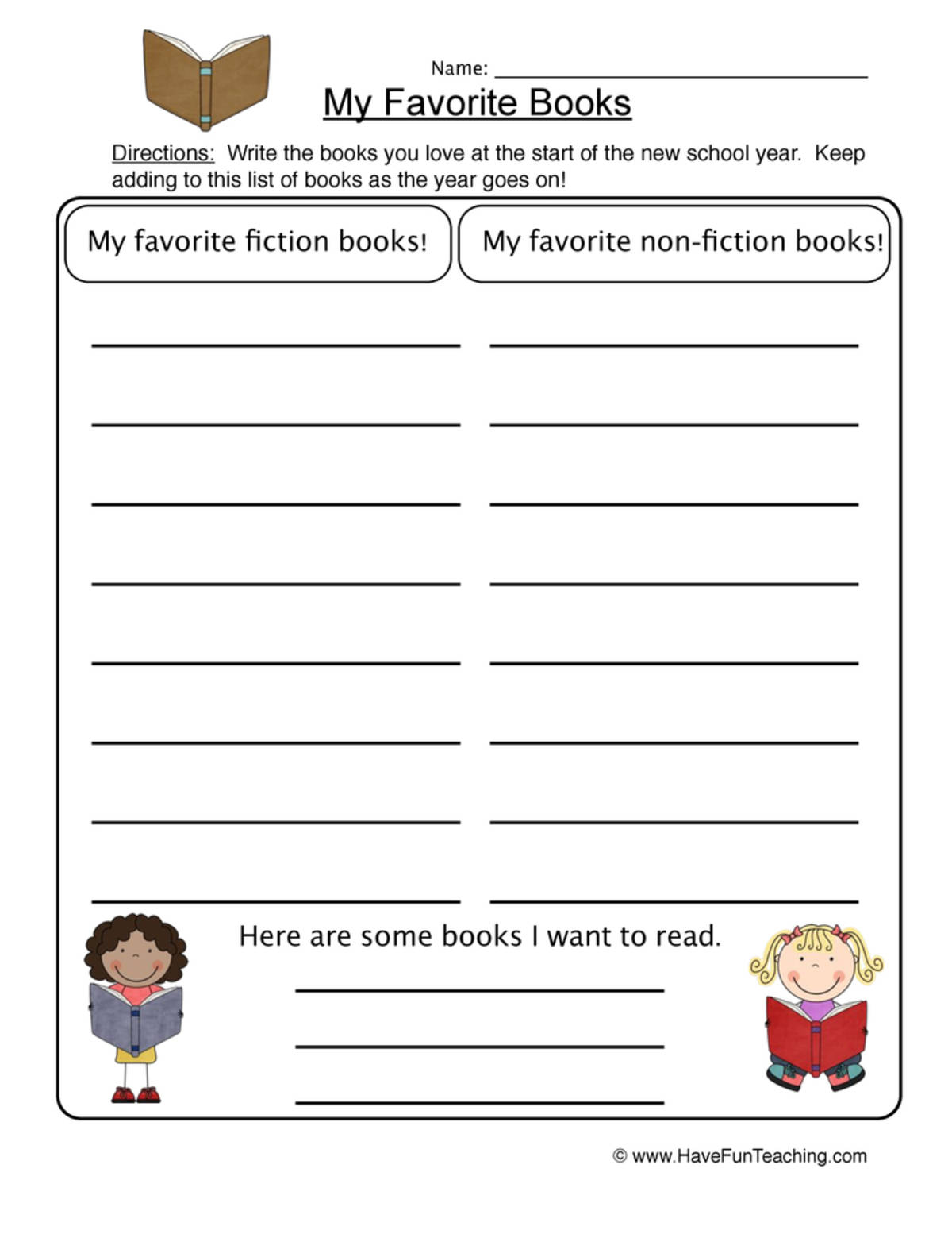 An educational teaching resource from Have Fun Teaching entitled Fiction and Non-Fiction Favorite Books Worksheet downloadable at Teach Simple.