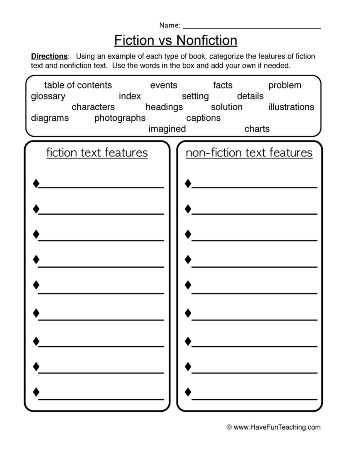 An educational teaching resource from Have Fun Teaching entitled Fiction and Nonfiction Features Worksheet downloadable at Teach Simple.