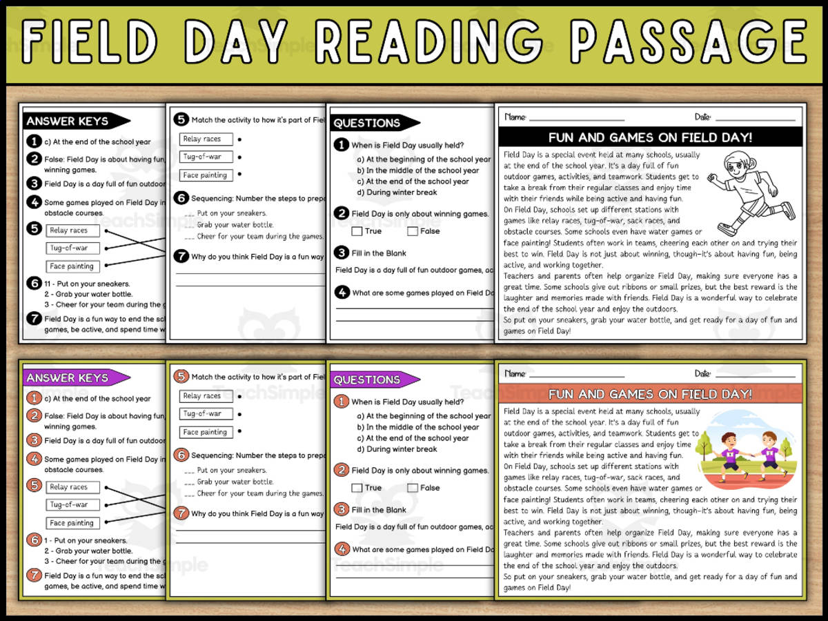 An educational teaching resource from Wonderland School entitled Field Day Reading Comprehension Passage and Questions downloadable at Teach Simple.