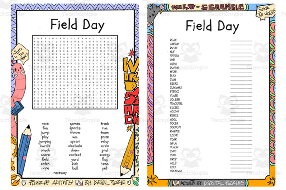 An educational teaching resource from Lapiiin Art Activities entitled Field Day word search and word scramble downloadable at Teach Simple.