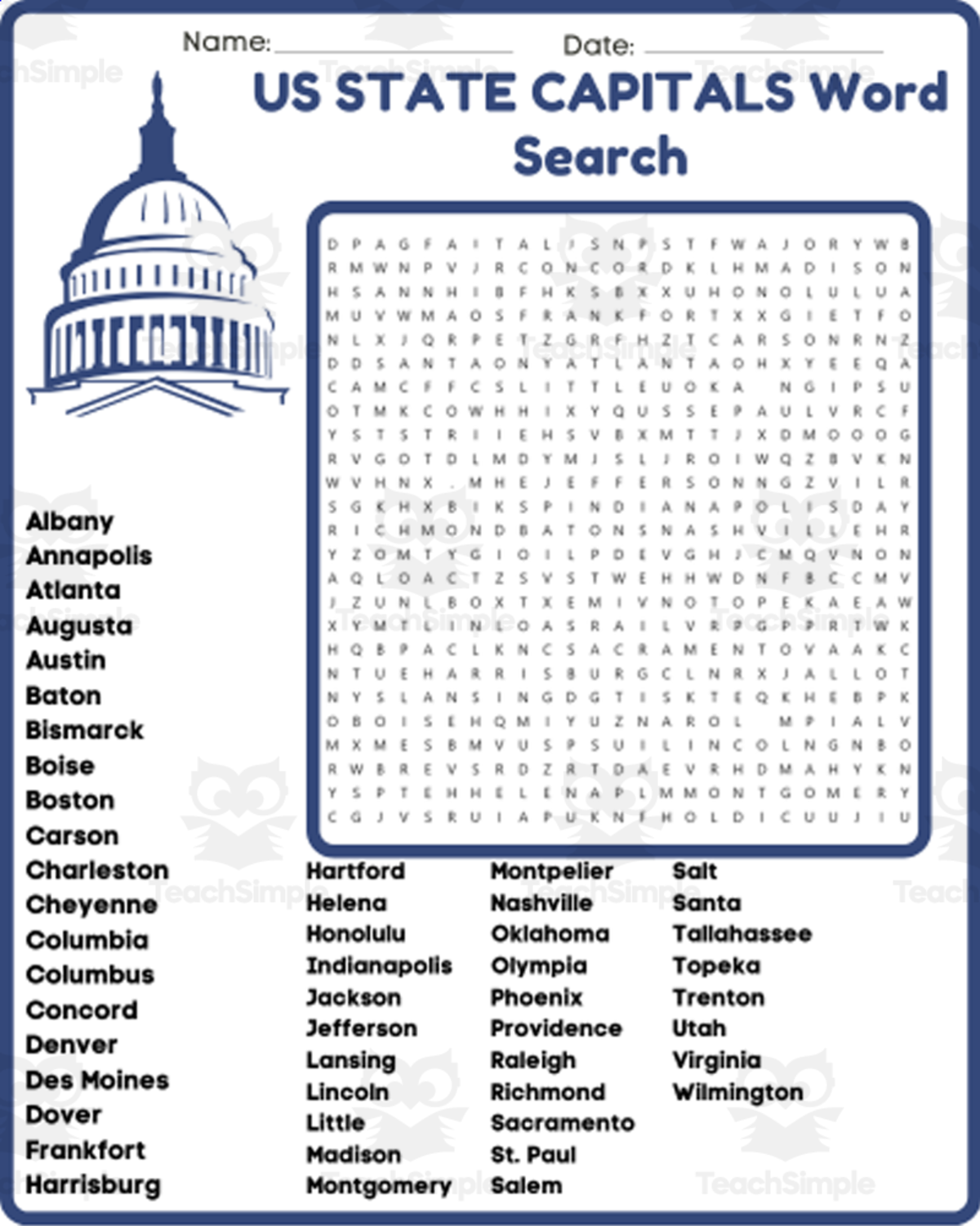 An educational teaching resource from space shope entitled FIFTY (50) US STATE CAPITALS Word Search & Find Worksheet Activity downloadable at Teach Simple.