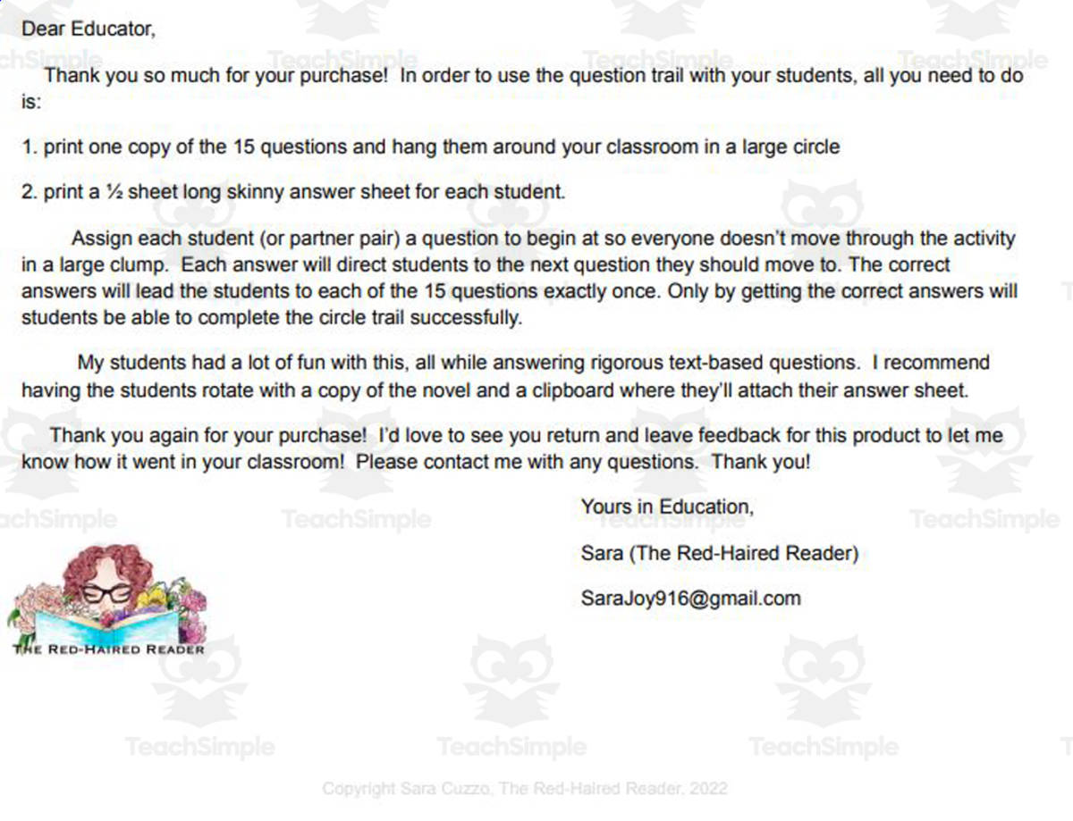 An educational teaching resource from The Red-Haired Reader entitled Figurative Language/ Poetic Devices Question Trail for The House on Mango Street downloadable at Teach Simple.