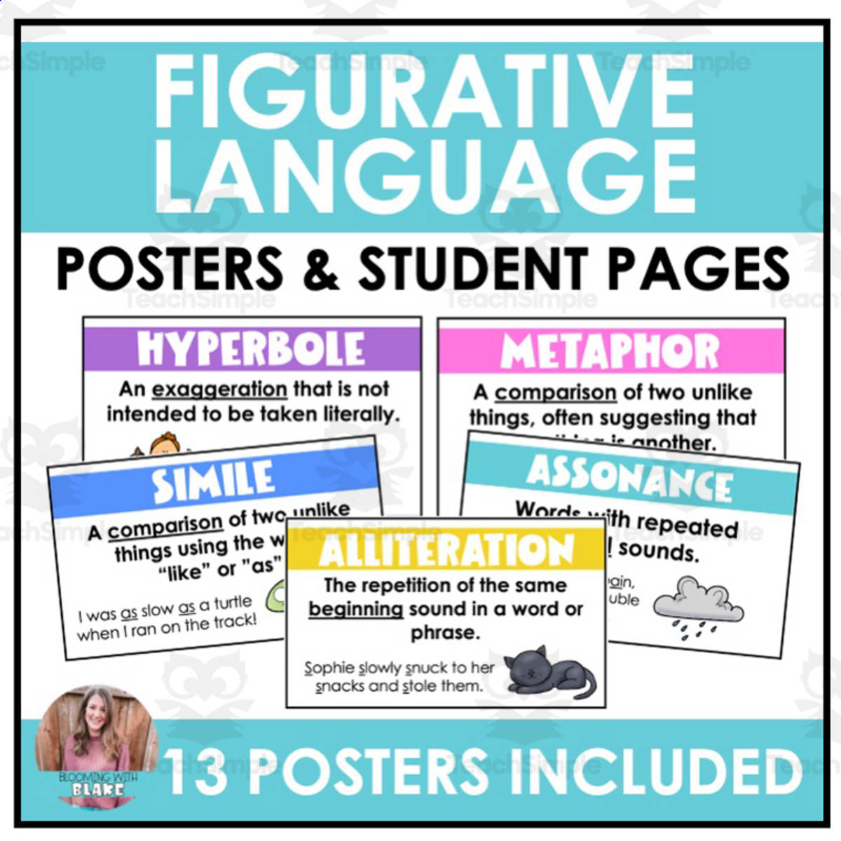 An educational teaching resource from Blooming with Blake entitled Figurative Language Posters & Student Chart downloadable at Teach Simple.