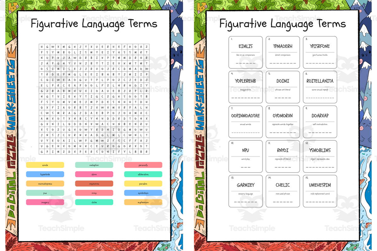 An educational teaching resource from Lapiiin Art Activities entitled Figurative Language Terms word search, scramble and crossword puzzle downloadable at Teach Simple.