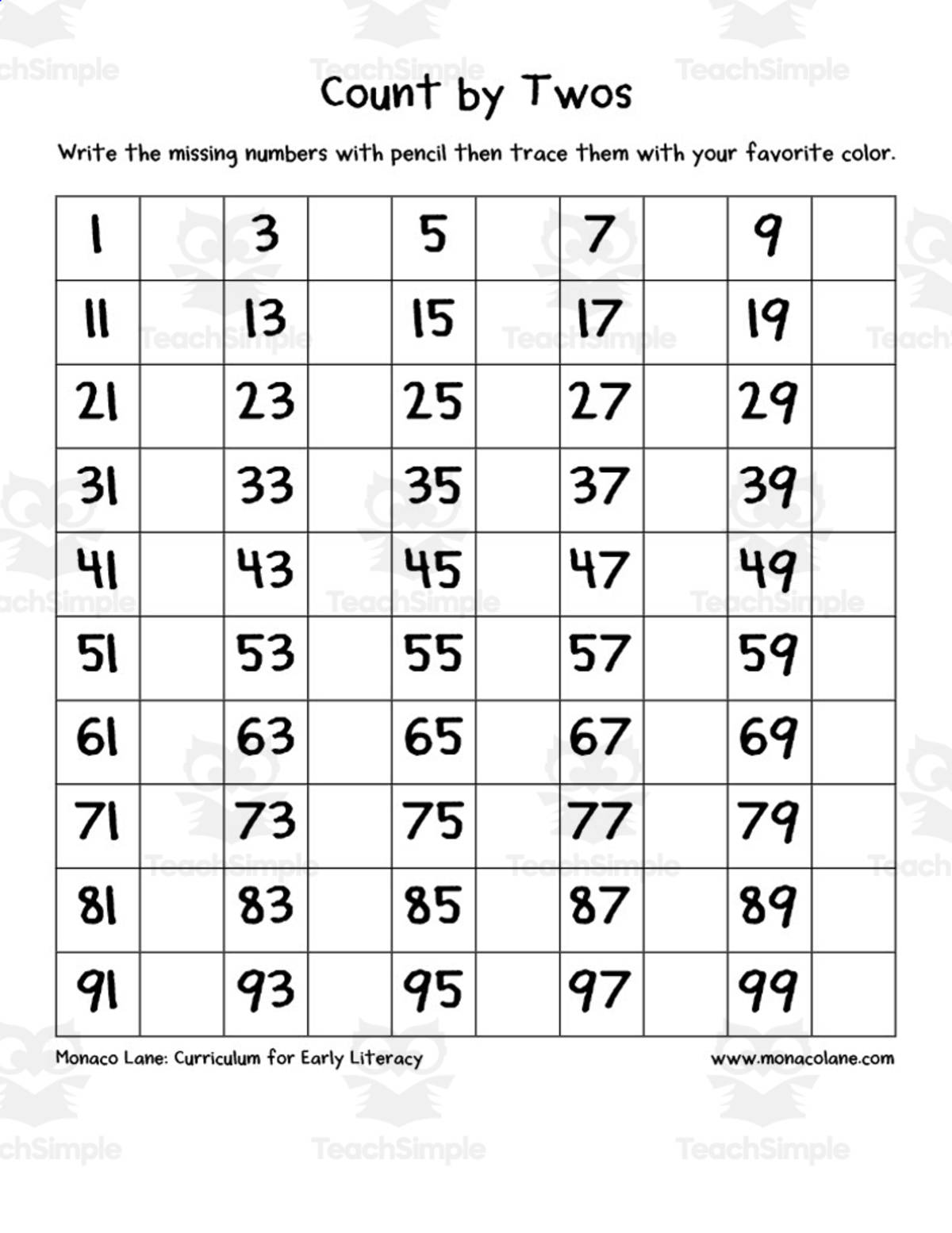 An educational teaching resource from Monaco Lane Curriculum for Early Literacy entitled Fill-in Skip Counting Charts downloadable at Teach Simple.