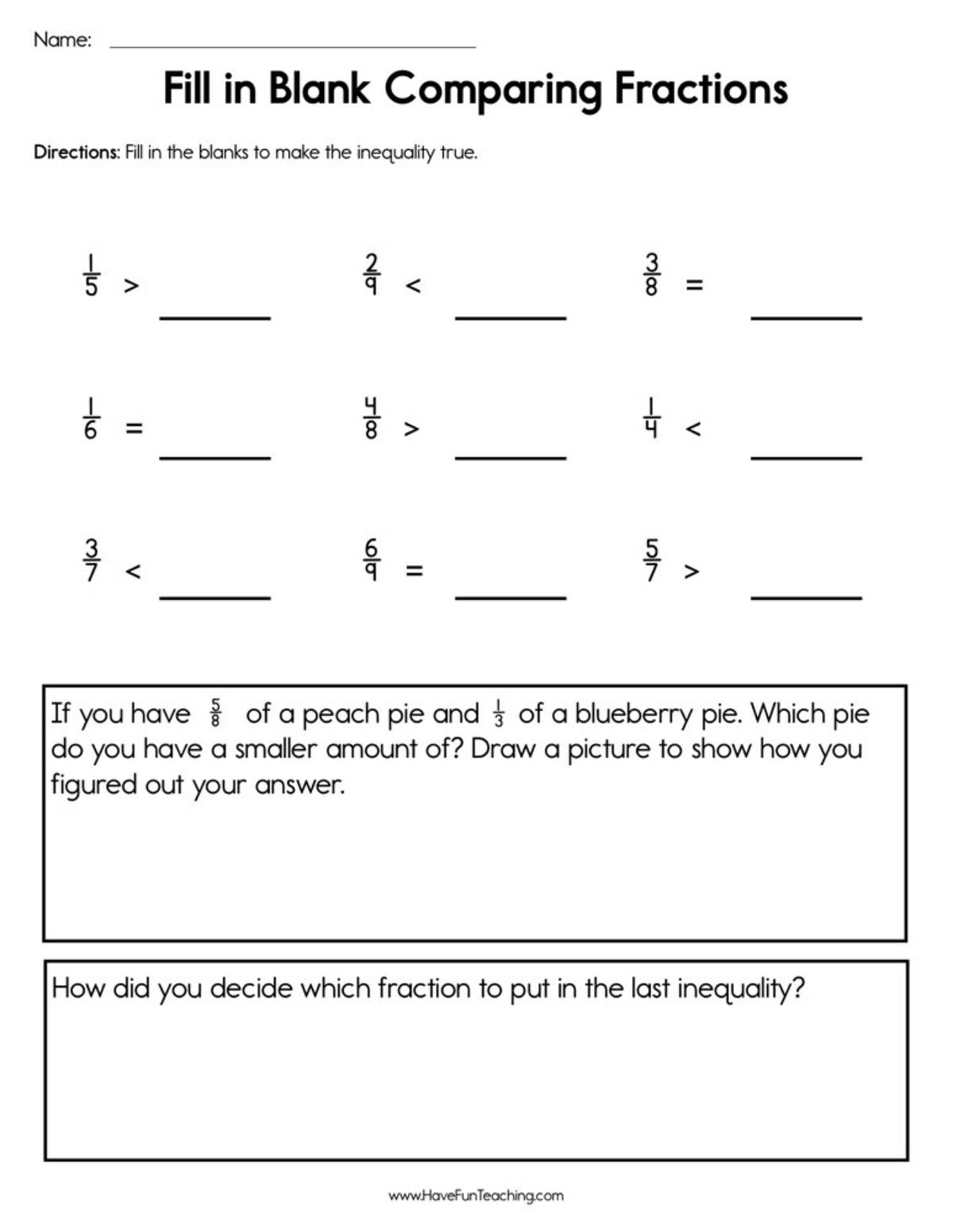 An educational teaching resource from Have Fun Teaching entitled Fill in the Blank Comparing Fractions Worksheet downloadable at Teach Simple.