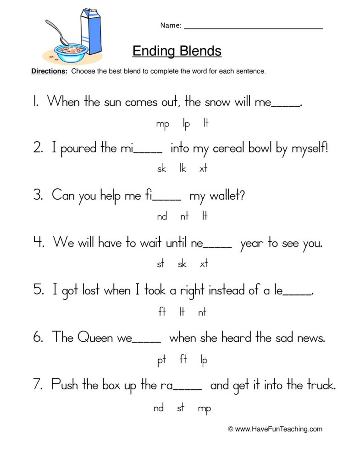 An educational teaching resource from Have Fun Teaching entitled Fill in the Blank Ending Blends Worksheet downloadable at Teach Simple.