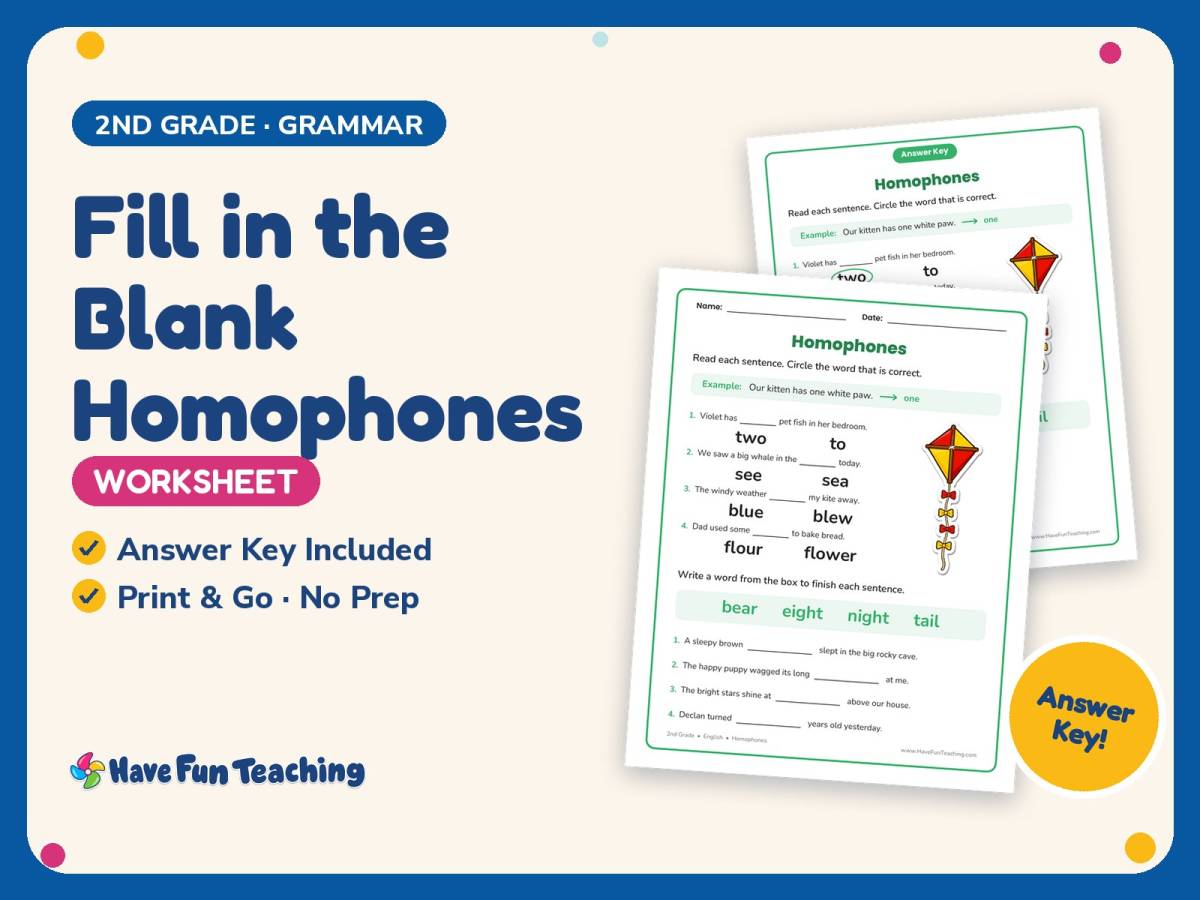 Fill in the Blank Homophones Worksheet – 2nd Grade Grammar Practice preview