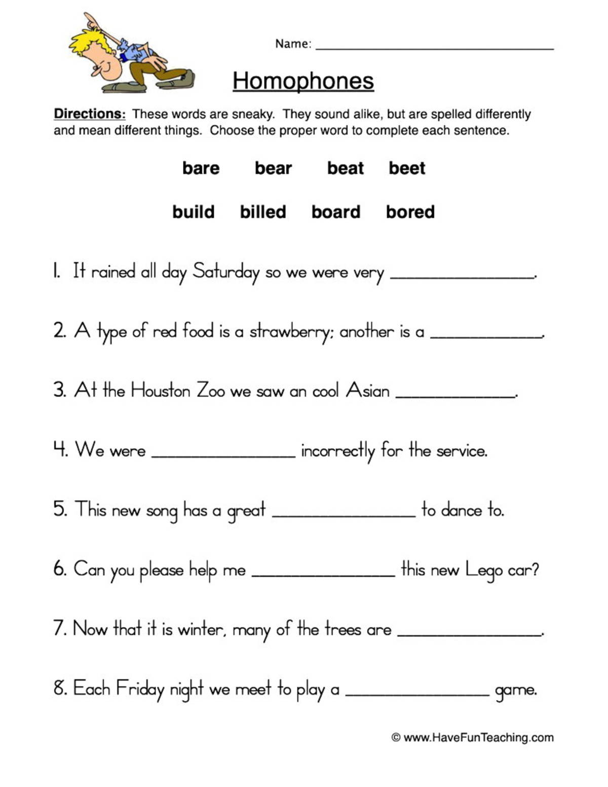An educational teaching resource from Have Fun Teaching entitled Fill in the Blank Homophones Worksheet downloadable at Teach Simple.
