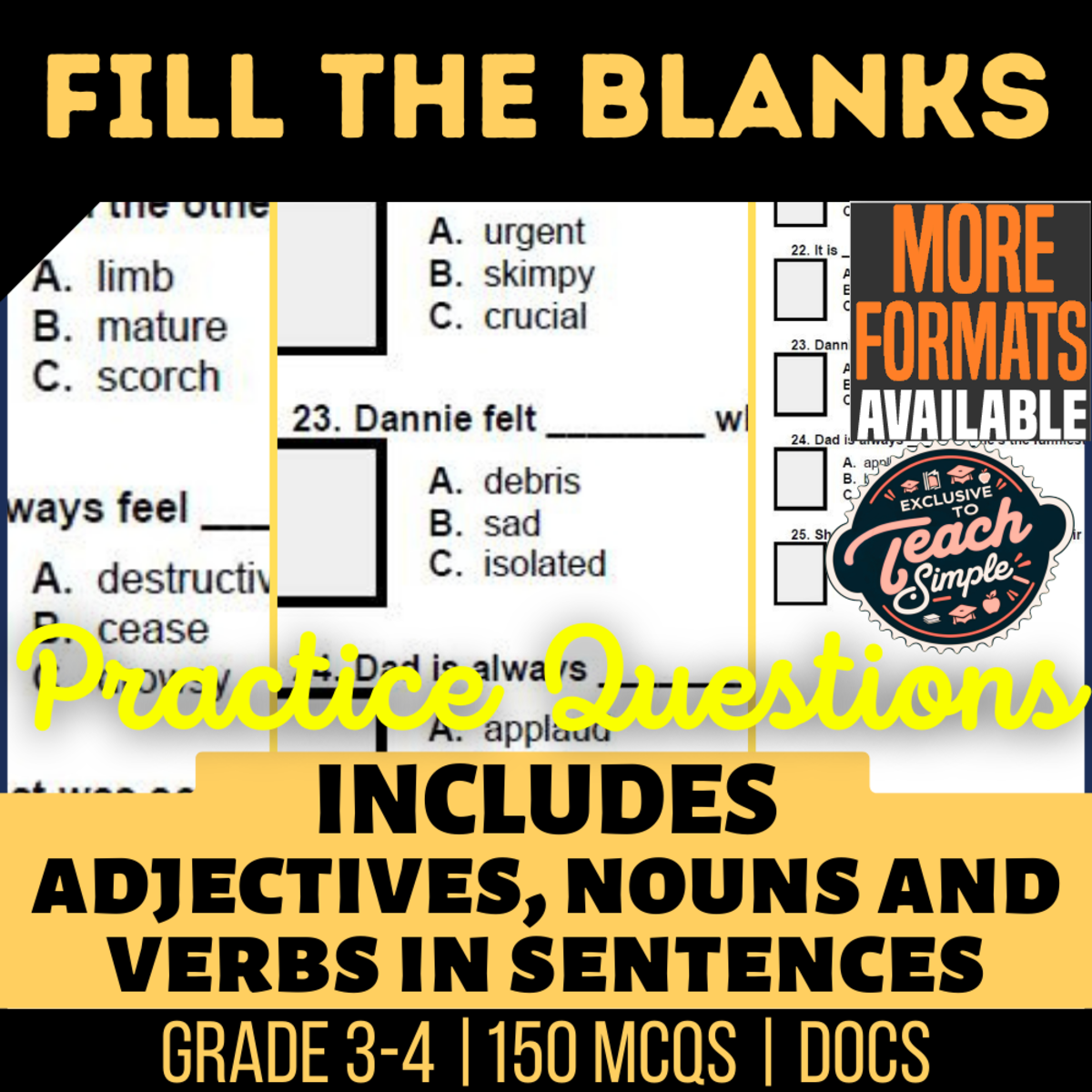 An educational teaching resource from Cored Education entitled Fill in the Blanks Practice Questions - Vocabulary Grade 3-4 (Docs) downloadable at Teach Simple.