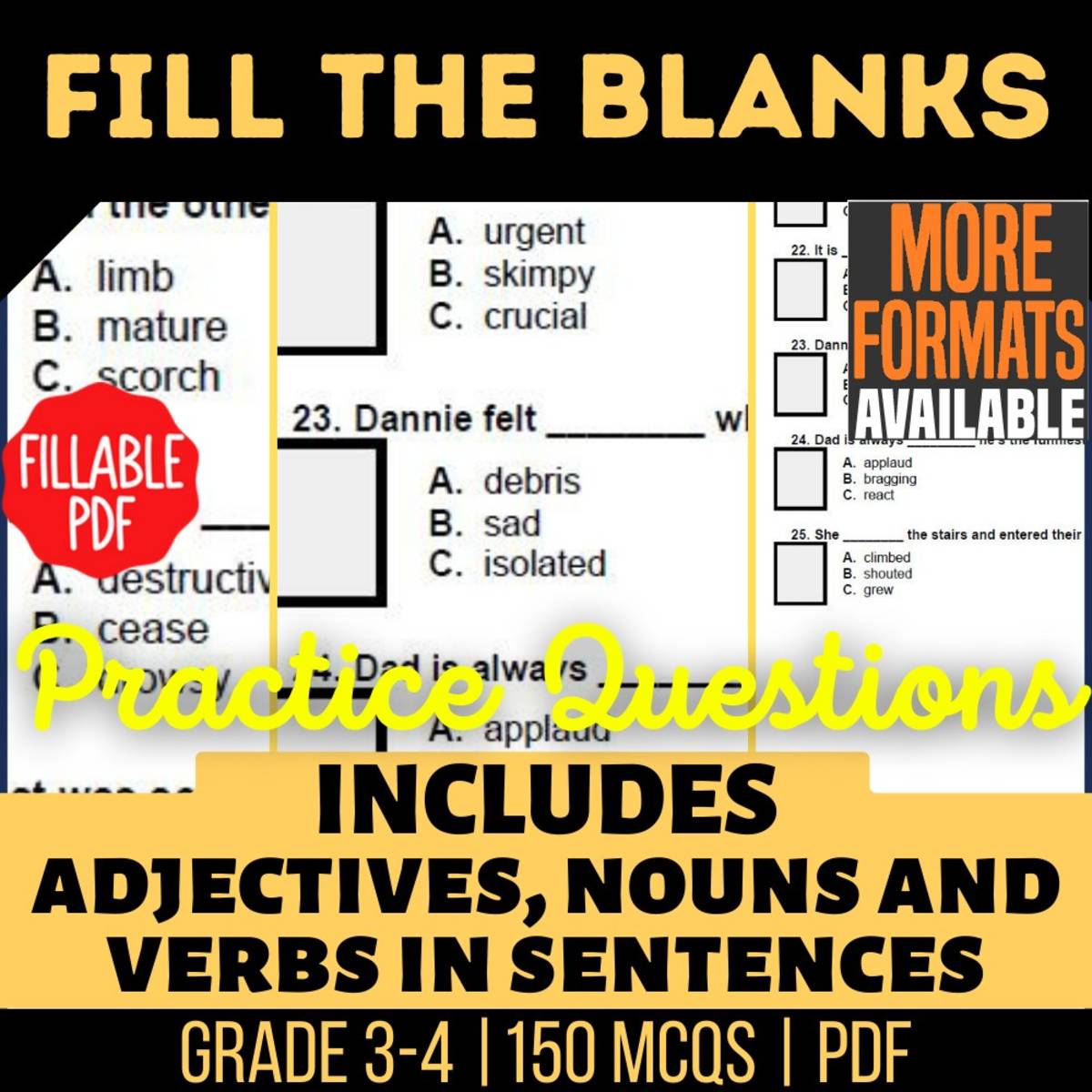 An educational teaching resource from Cored Education entitled Fill in the Blanks Practice Questions - Vocabulary Grade 3-4 Fillable downloadable at Teach Simple.