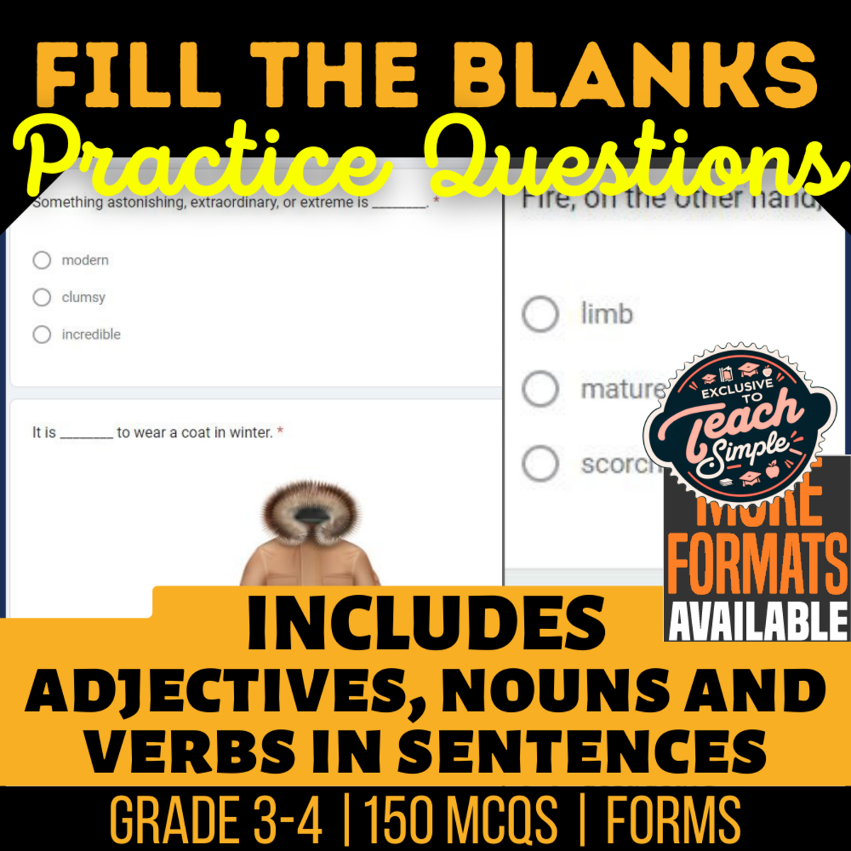 An educational teaching resource from Cored Education entitled Fill in the Blanks Practice Questions - Vocabulary Grade 3-4 (Forms) downloadable at Teach Simple.