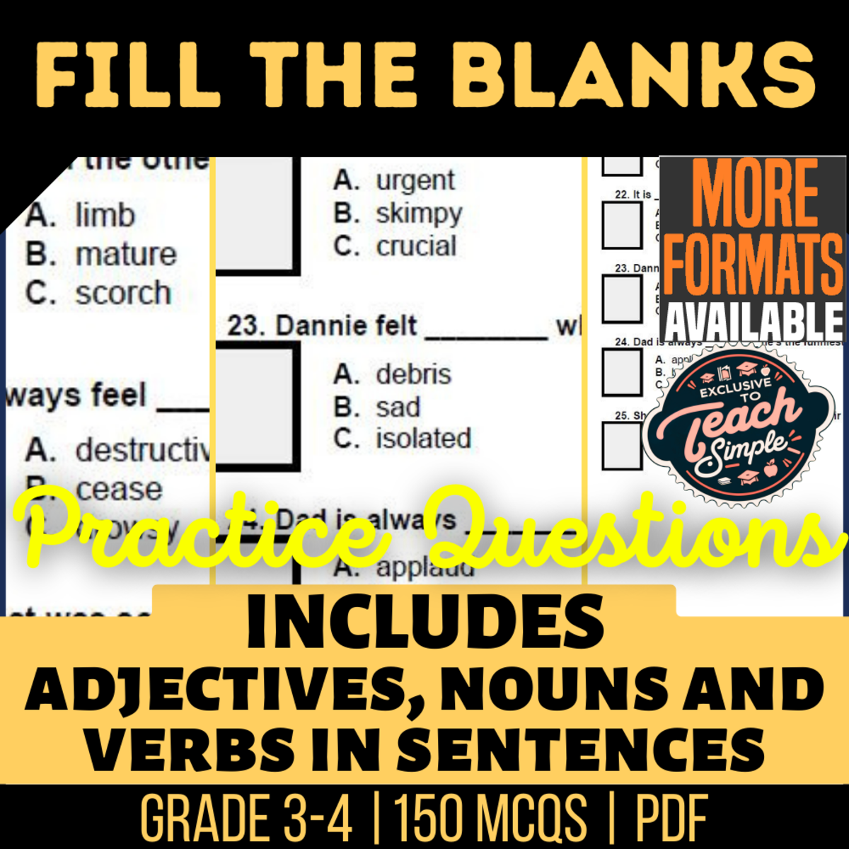 An educational teaching resource from Cored Education entitled Fill in the Blanks Practice Questions - Vocabulary Grade 3-4 (PDF) downloadable at Teach Simple.