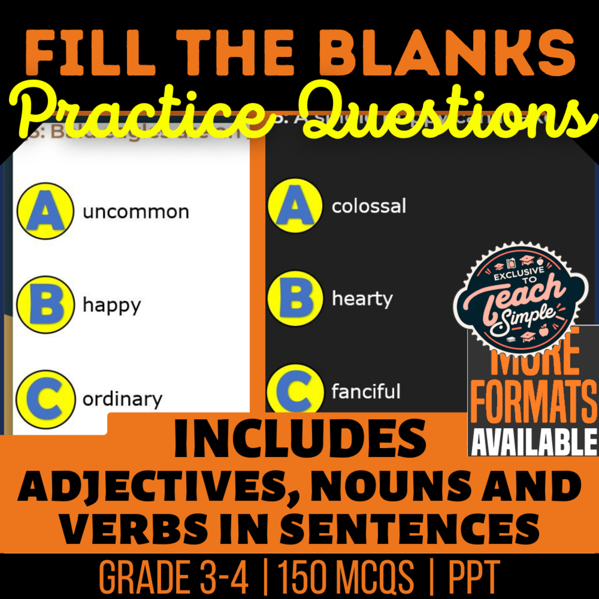 An educational teaching resource from Cored Education entitled Fill in the Blanks Practice Questions - Vocabulary Grade 3-4 (PPT) downloadable at Teach Simple.
