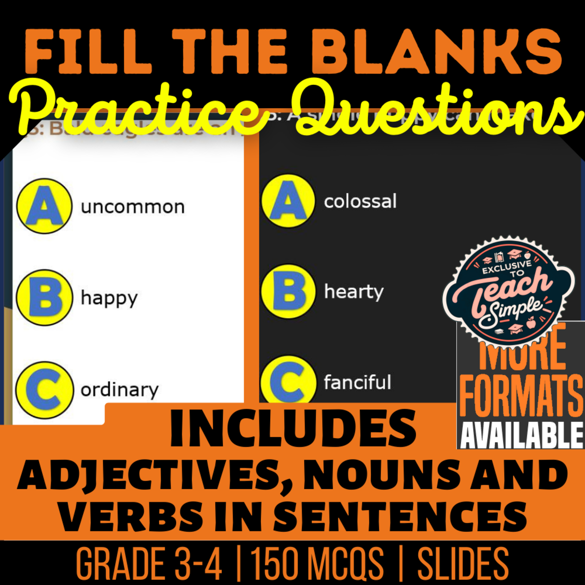 An educational teaching resource from Cored Education entitled Fill in the Blanks Practice Questions - Vocabulary Grade 3-4 (Slides) downloadable at Teach Simple.