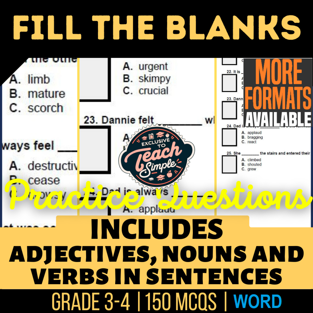 An educational teaching resource from Cored Education entitled Fill in the Blanks Practice Questions - Vocabulary Grade 3-4 (Word) downloadable at Teach Simple.