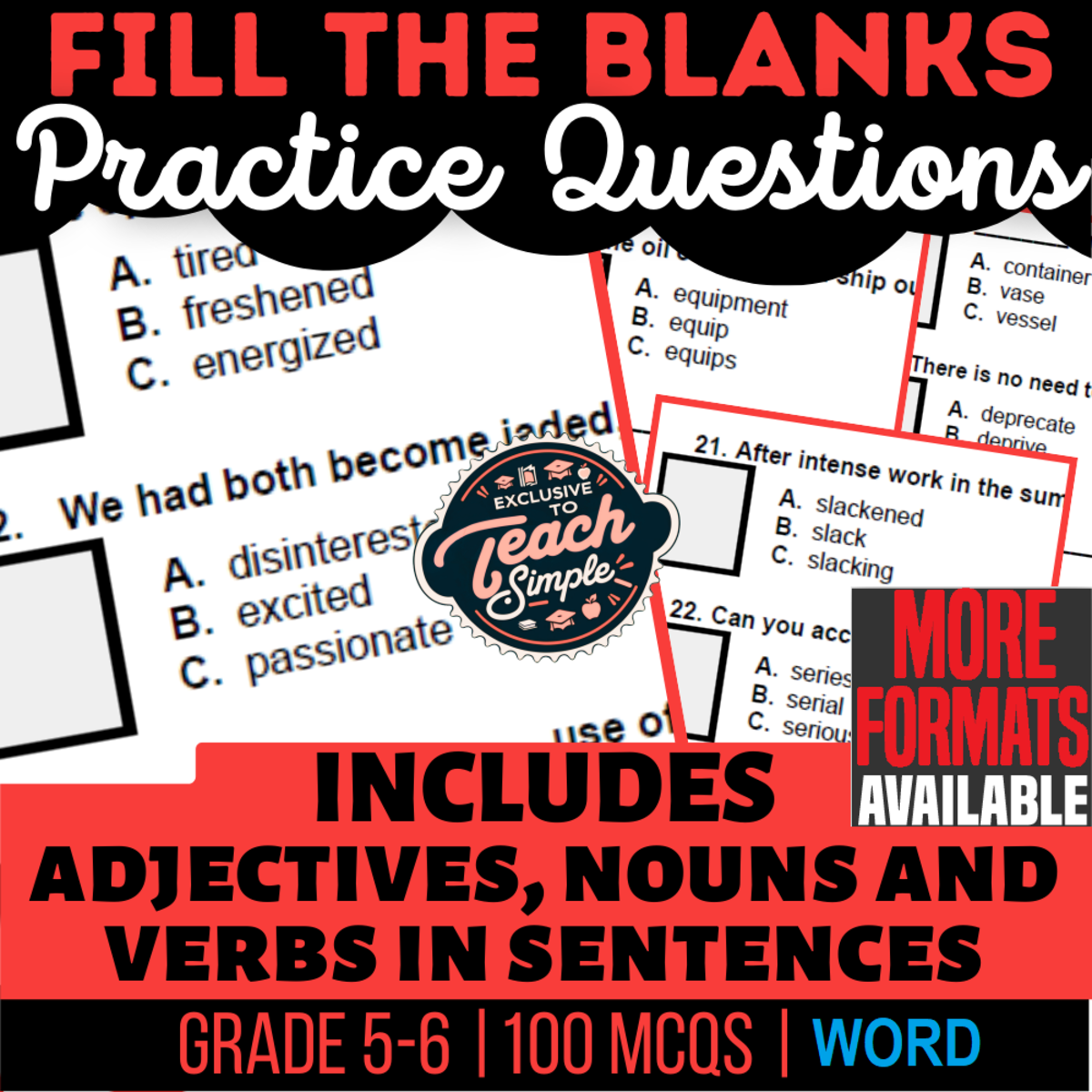 An educational teaching resource from Cored Education entitled Fill in the Blanks Practice Questions - Vocabulary Grade 5-6 (Word) downloadable at Teach Simple.