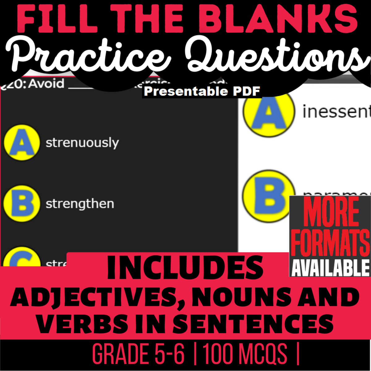 An educational teaching resource from Cored Education entitled Fill in the Blanks Practice Vocabulary Grade 5-6 (Presentable PDF) downloadable at Teach Simple.