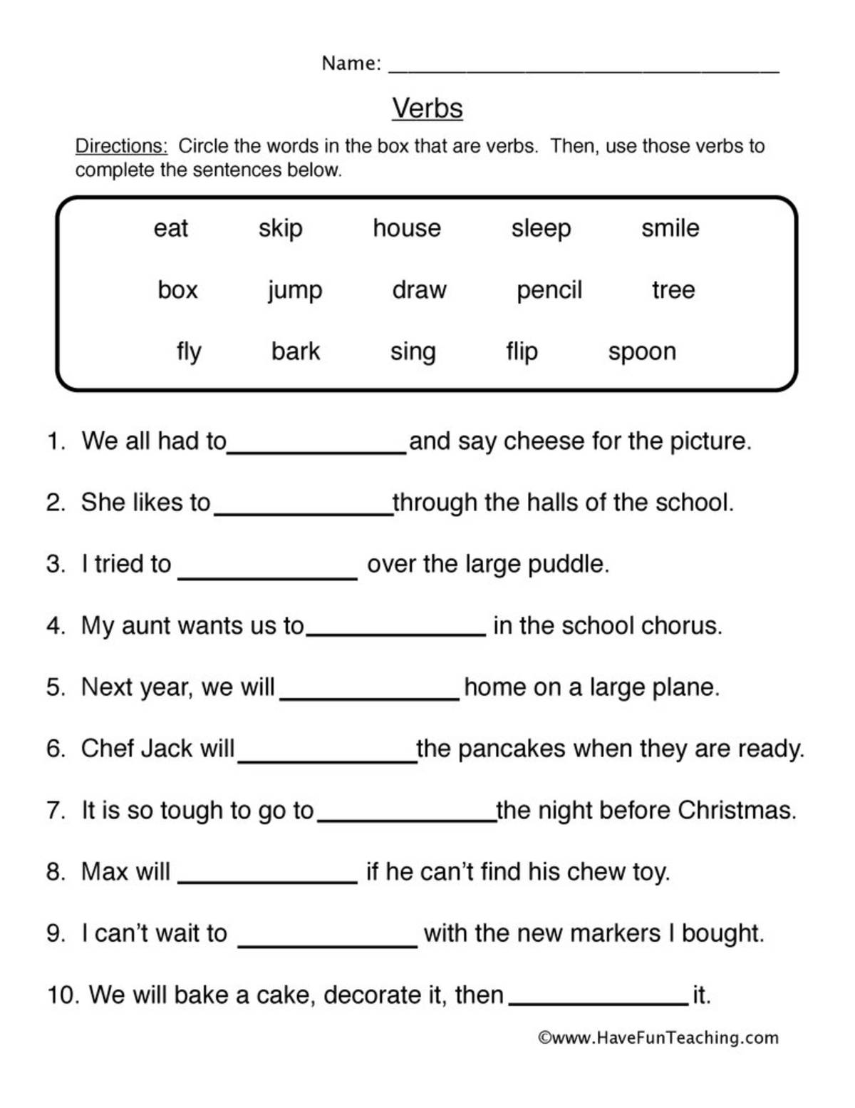 An educational teaching resource from Have Fun Teaching entitled Fill in the Blanks Verb Worksheet downloadable at Teach Simple.