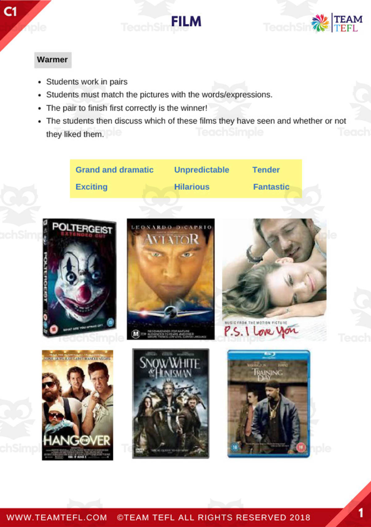 An educational teaching resource from TEAM TEFL entitled Film Advanced ESL Lesson Plan downloadable at Teach Simple.