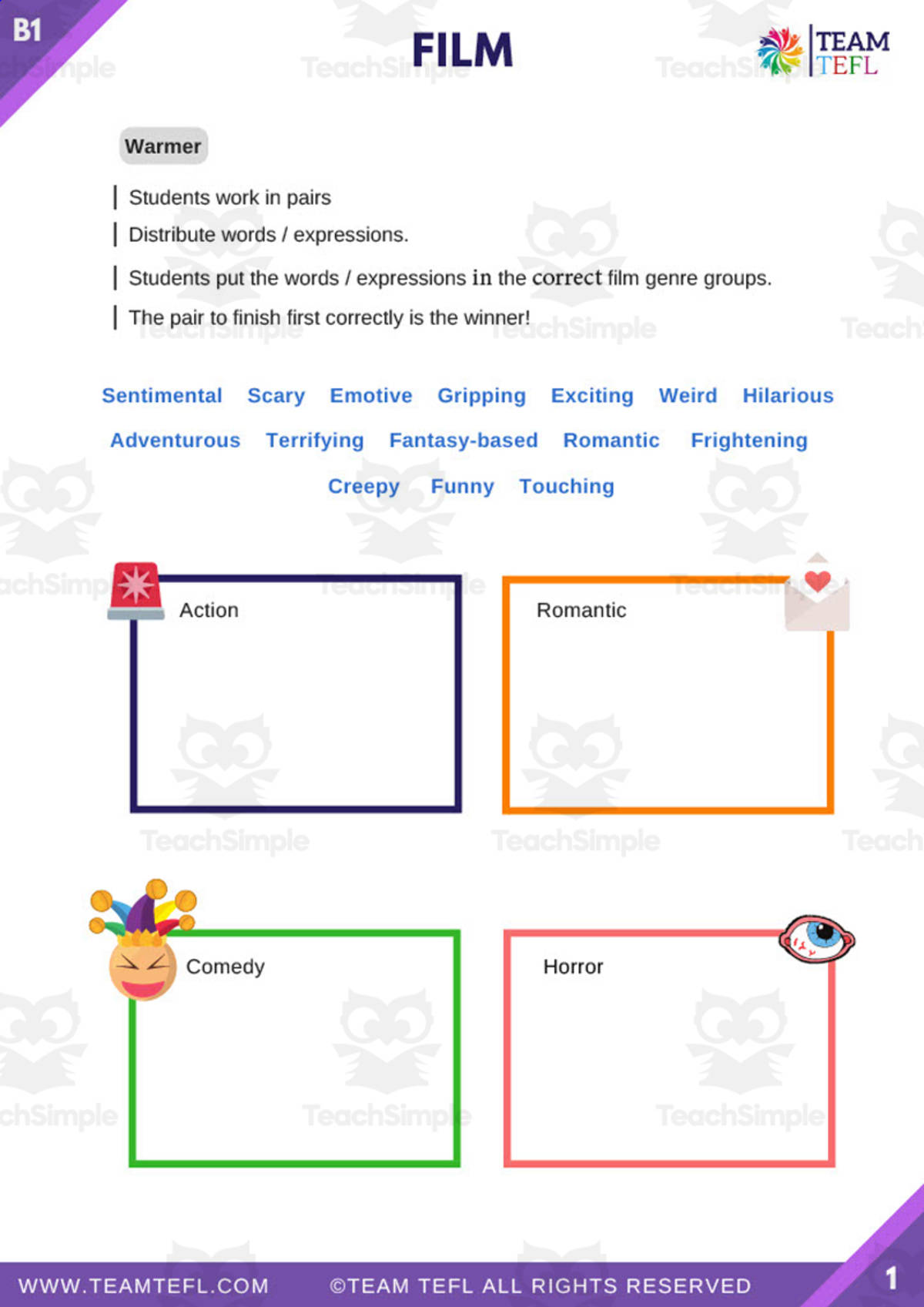 An educational teaching resource from TEAM TEFL entitled Film Intermediate Lesson Plan downloadable at Teach Simple.