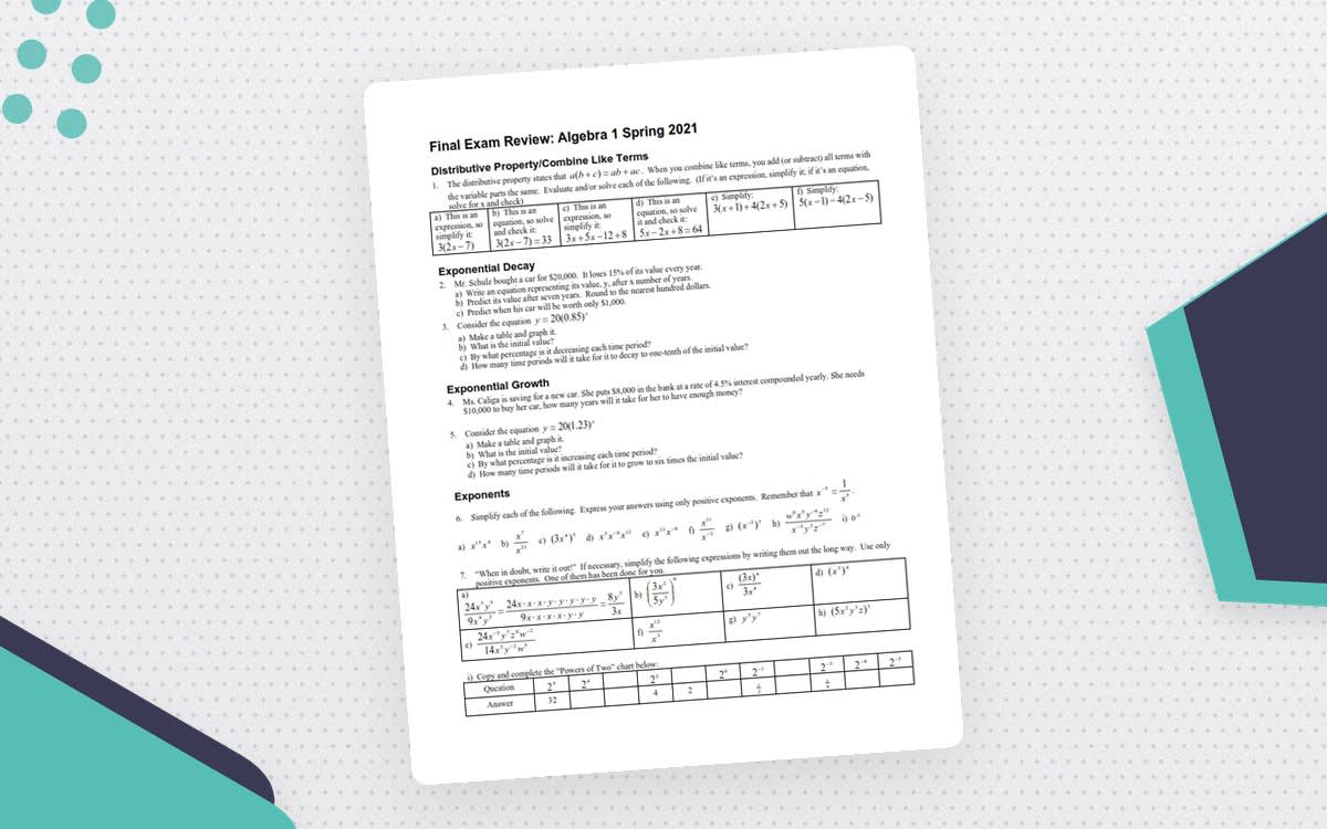 An educational teaching resource from Peter Jonnard entitled Final Exam Review: Algebra 1 downloadable at Teach Simple.