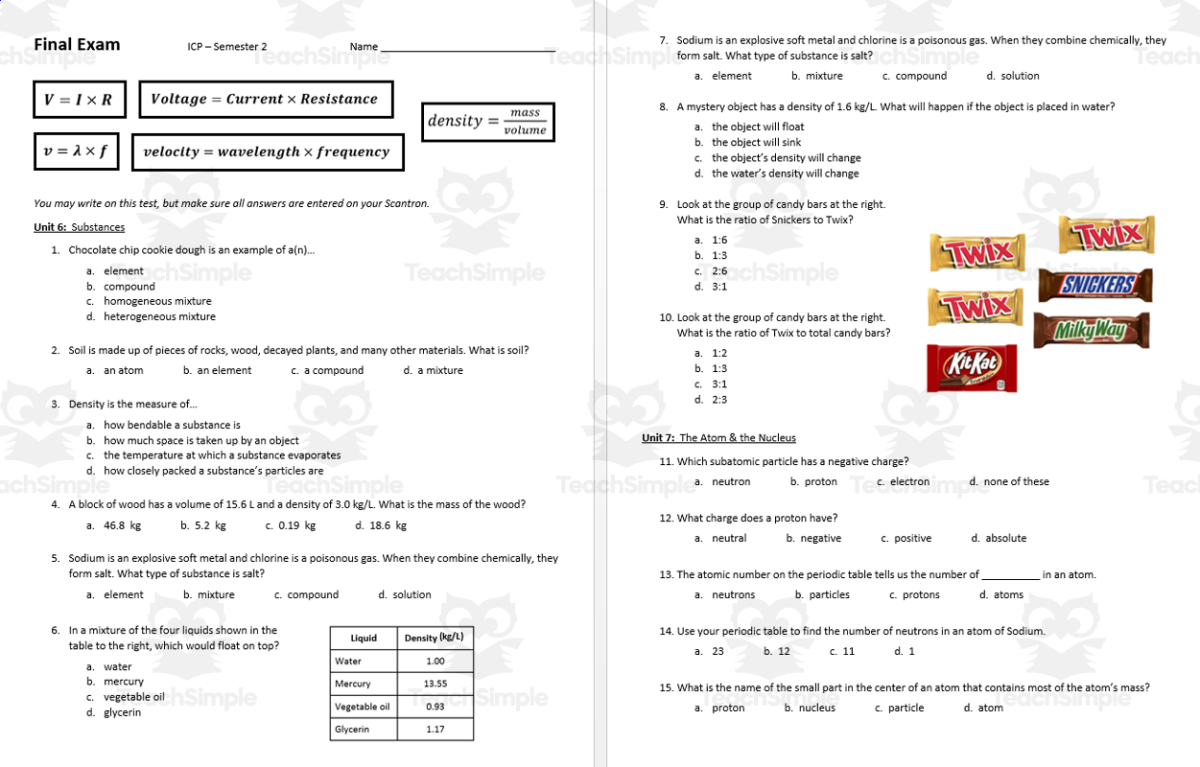 An educational teaching resource from Integrated Chemistry and Physics entitled Final Exam - Semester 2 (Units 6-10) downloadable at Teach Simple.