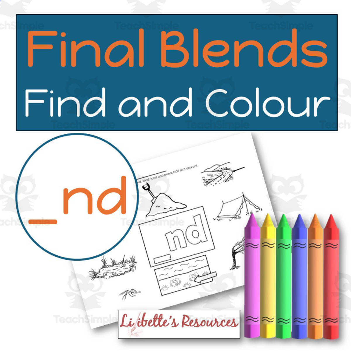 An educational teaching resource from Lilibette's Resources entitled Final ND Blend Find and Colour Phonics Worksheet downloadable at Teach Simple.
