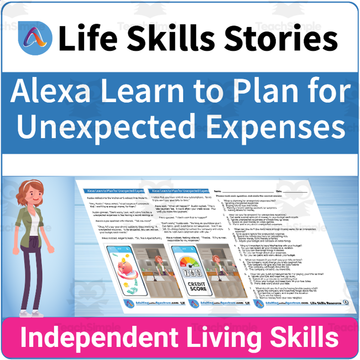 An educational teaching resource from Adulting Life Skills Resources entitled Finance Life Skills: Alexa Learns to Plan for Unexpected Expenses downloadable at Teach Simple.