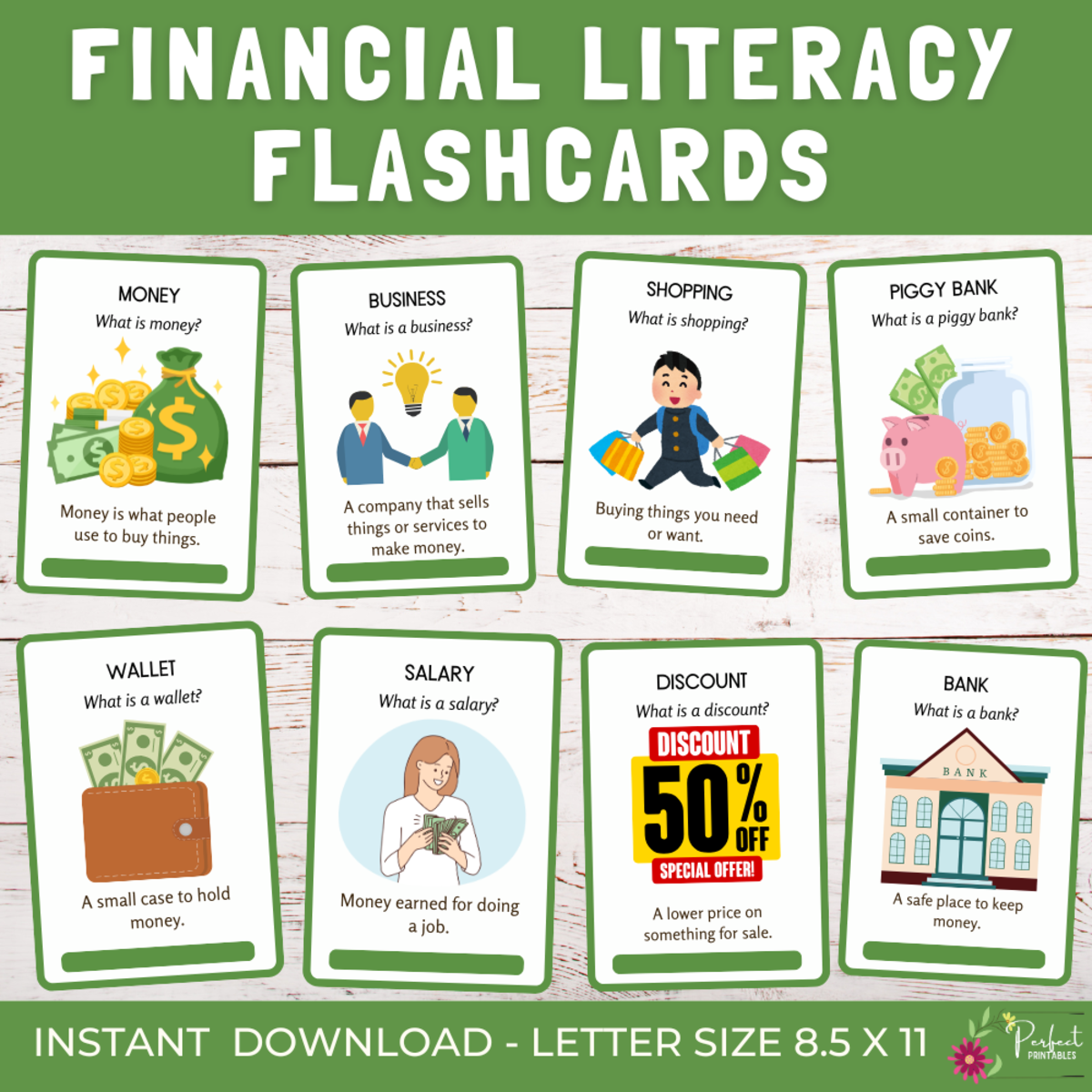 An educational teaching resource from Perfect_Printables entitled Financial Literacy Flashcards | Money & Financial Education For Kids downloadable at Teach Simple.