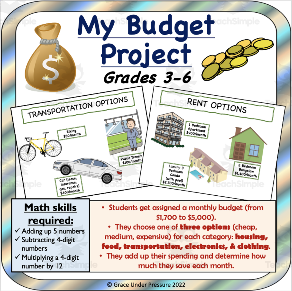 An educational teaching resource from Grace Under Pressure entitled Financial Literacy: My Budget Project for Elementary (Gr 3-6) downloadable at Teach Simple.