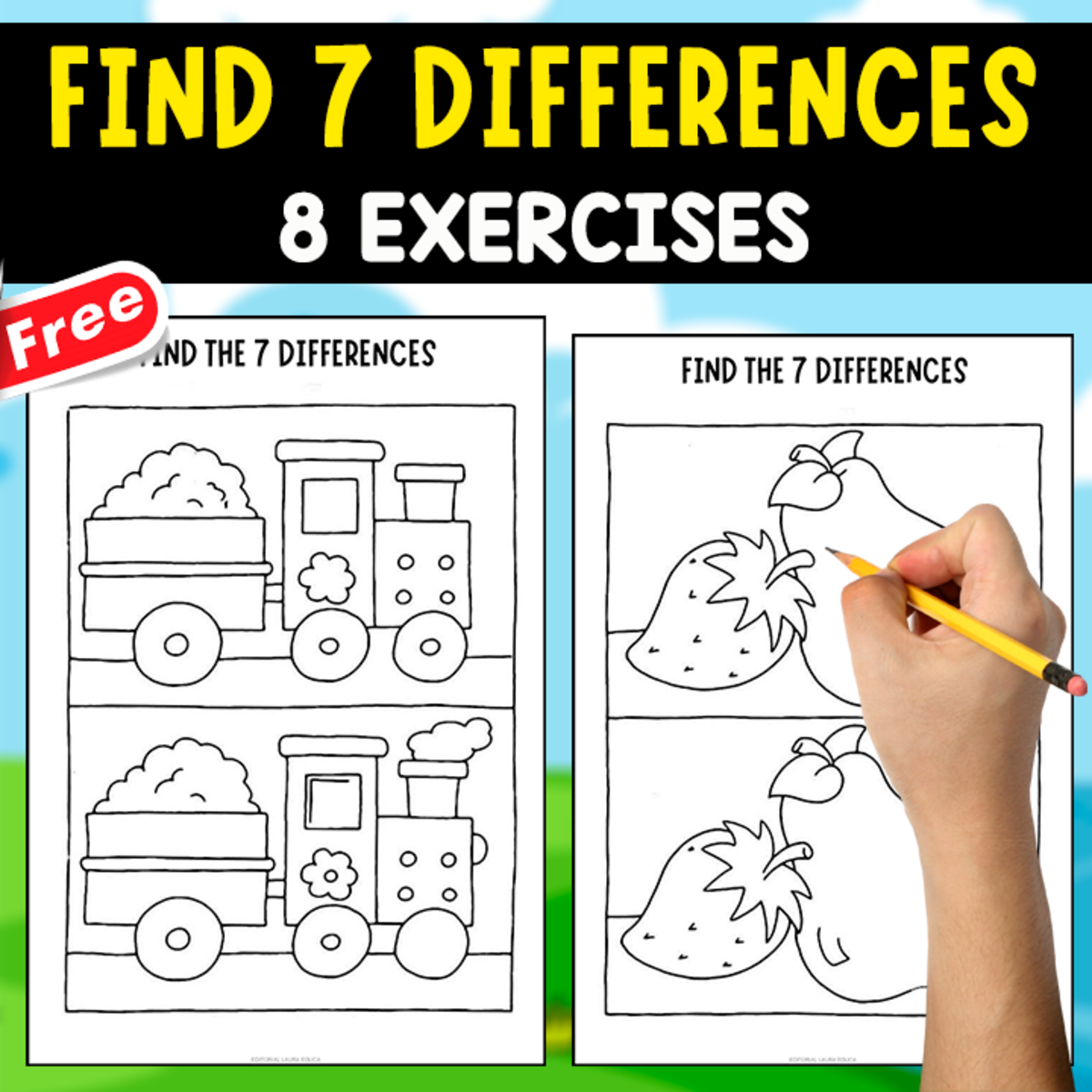 An educational teaching resource from EDITORIAL LAURA EDUCA entitled FIND 7 DIFFERENCES | 8 FREE EXERCISES FOR KIDS downloadable at Teach Simple.