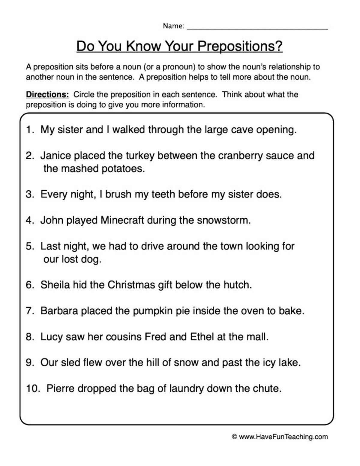An educational teaching resource from Have Fun Teaching entitled Find Prepositions Worksheet downloadable at Teach Simple.