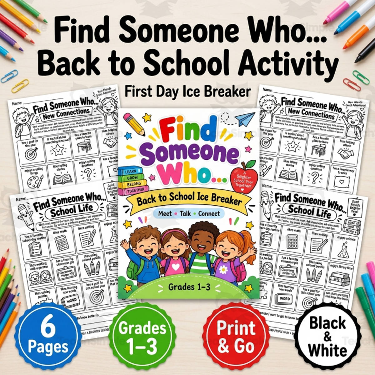 An educational teaching resource from TeachTrend Studio entitled Find Someone Who Back to School Ice Breaker | First Day Activity downloadable at Teach Simple.
