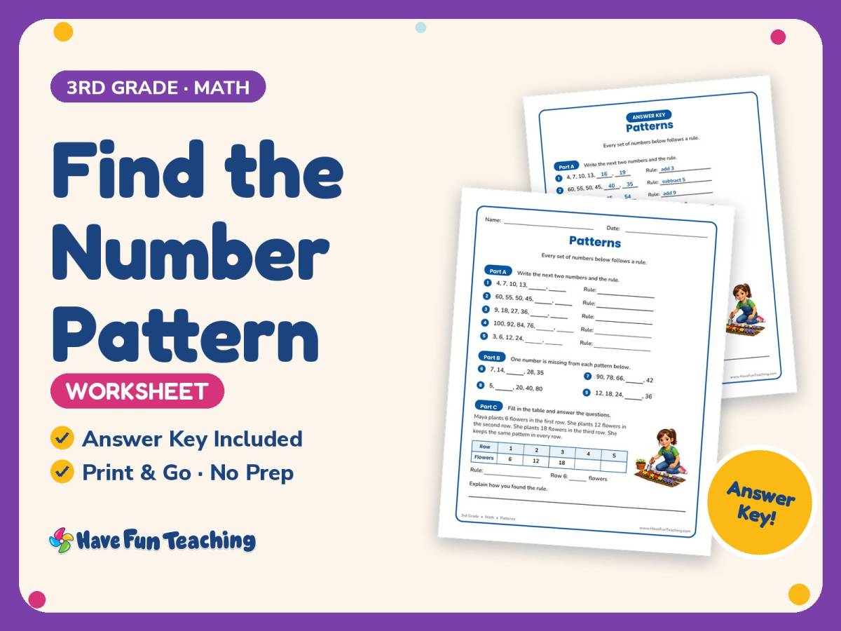Find the Number Pattern Worksheet – 3rd Grade Patterns Practice preview
