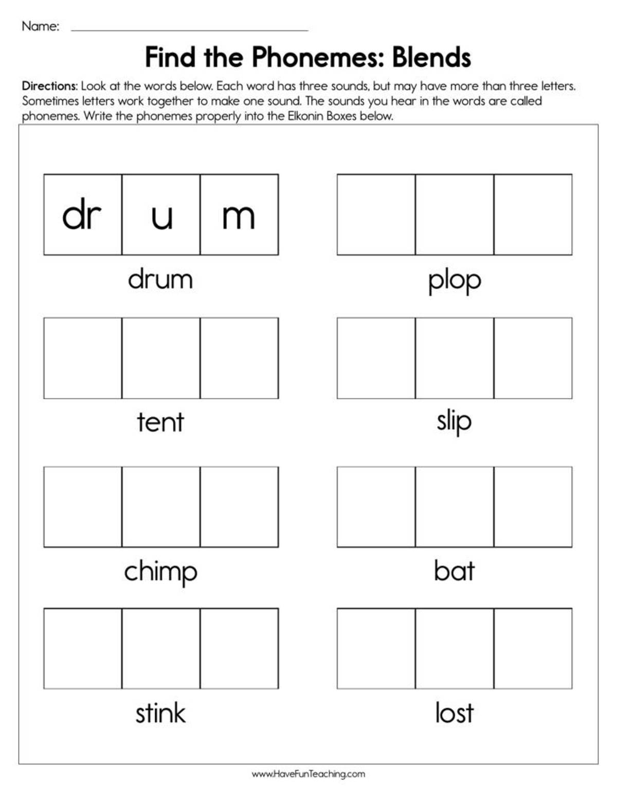 An educational teaching resource from Have Fun Teaching entitled Find the Phonemes Blends Worksheet downloadable at Teach Simple.
