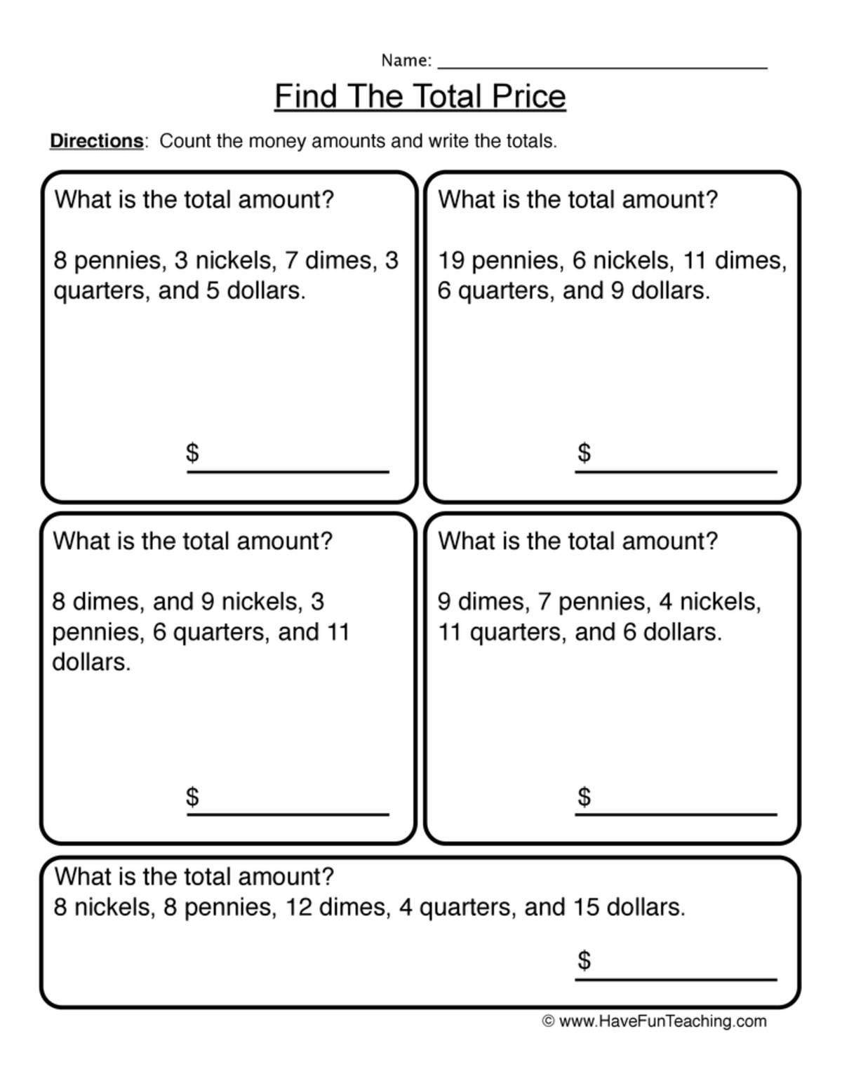 An educational teaching resource from Have Fun Teaching entitled Find the Total Amount Worksheet downloadable at Teach Simple.