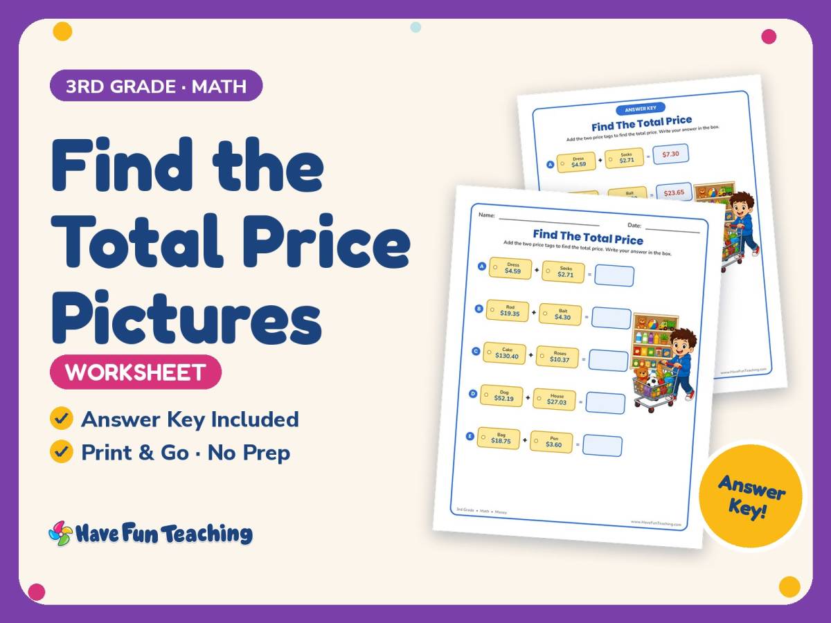 Find the Total Price Pictures Worksheet – 3rd Grade Addition & Money preview
