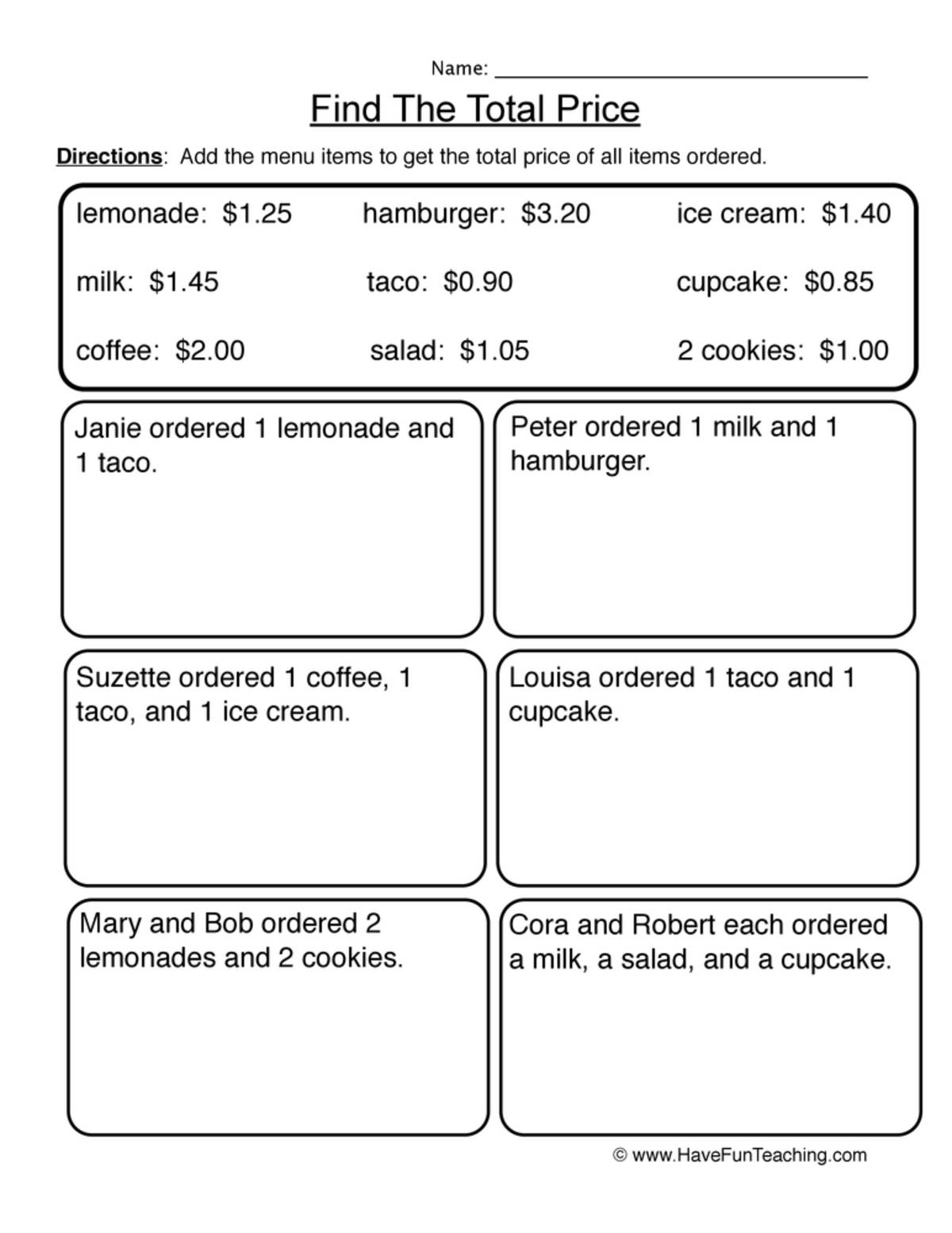An educational teaching resource from Have Fun Teaching entitled Find the Total Price Worksheet downloadable at Teach Simple.