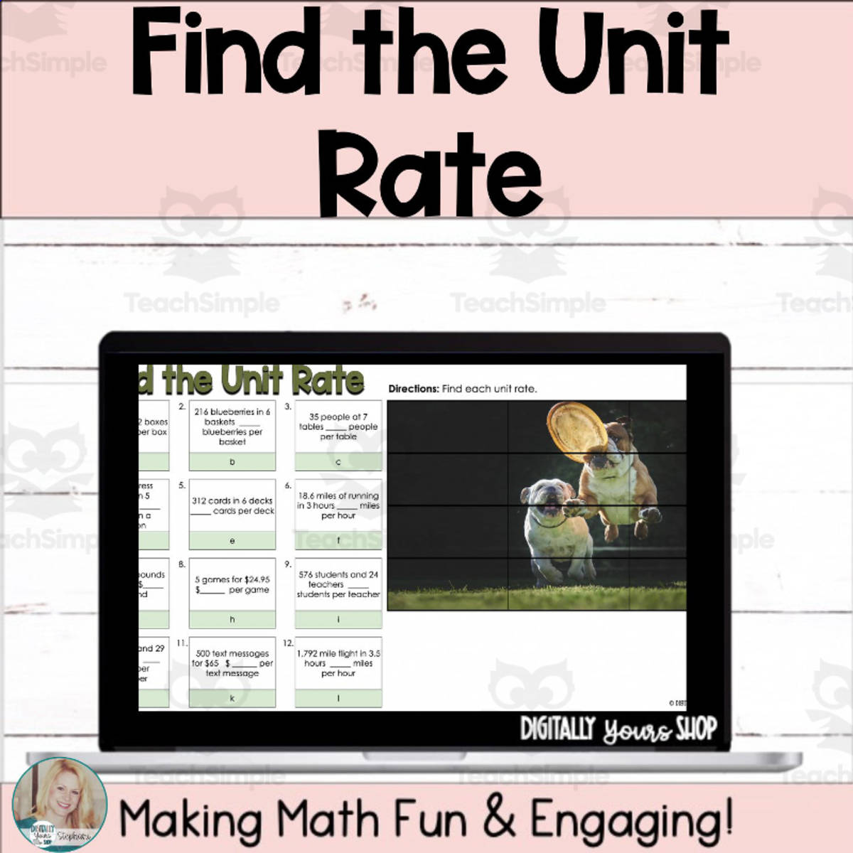 An educational teaching resource from Digitally Yours Shop entitled Find Unit Rate Self-Checking Digital Activity downloadable at Teach Simple.