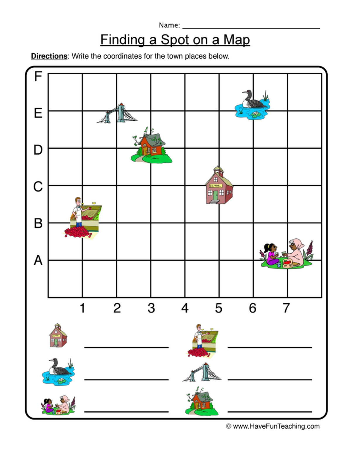 An educational teaching resource from Have Fun Teaching entitled Finding a Spot on a Map Worksheet downloadable at Teach Simple.