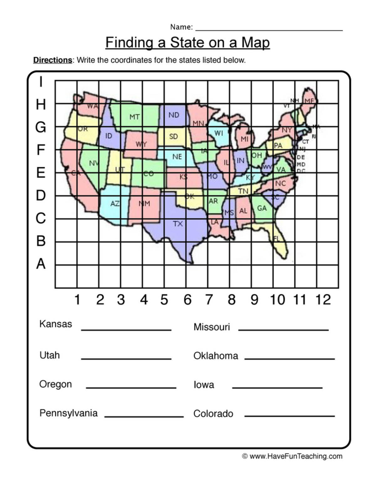 An educational teaching resource from Have Fun Teaching entitled Finding a State on a Map Worksheet downloadable at Teach Simple.