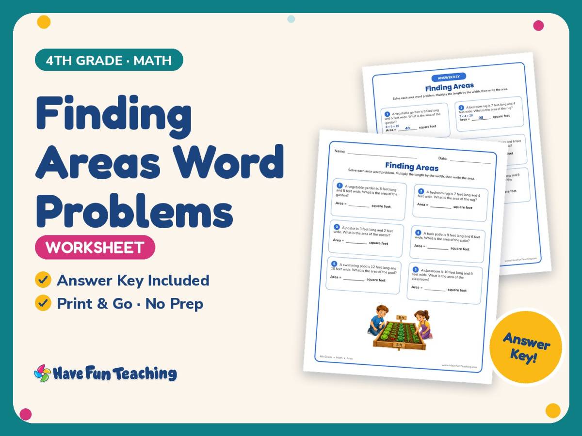 Finding Areas Word Problems Worksheet – 4th Grade Geometry Practice preview