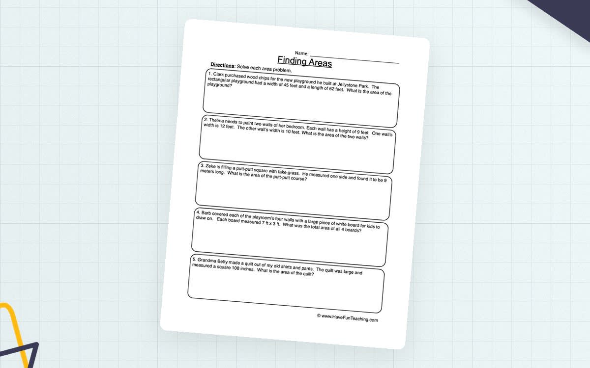 An educational teaching resource from Have Fun Teaching entitled Finding Areas Word Problems Worksheet downloadable at Teach Simple.