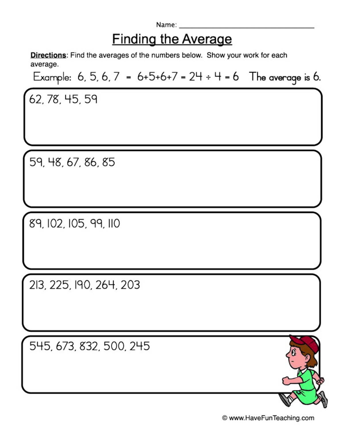 An educational teaching resource from Have Fun Teaching entitled Finding Averages Larger Number Set Worksheet downloadable at Teach Simple.