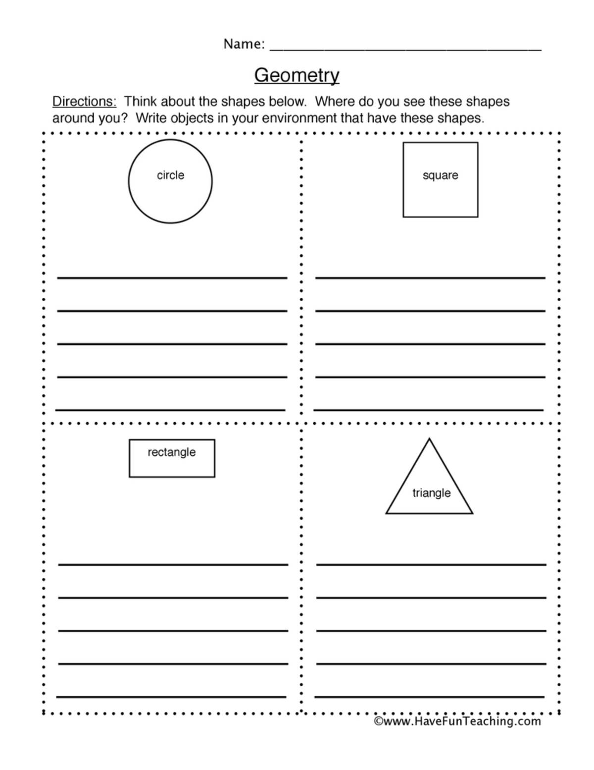 An educational teaching resource from Have Fun Teaching entitled Finding Geometry Examples Worksheet downloadable at Teach Simple.